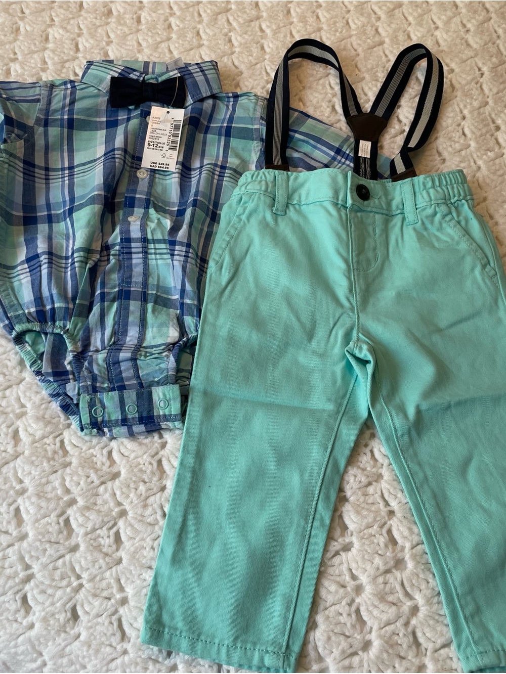 NWT Boys Mint Green Pants with Navy Suspenders and Plaid Button-Down Bodysuit